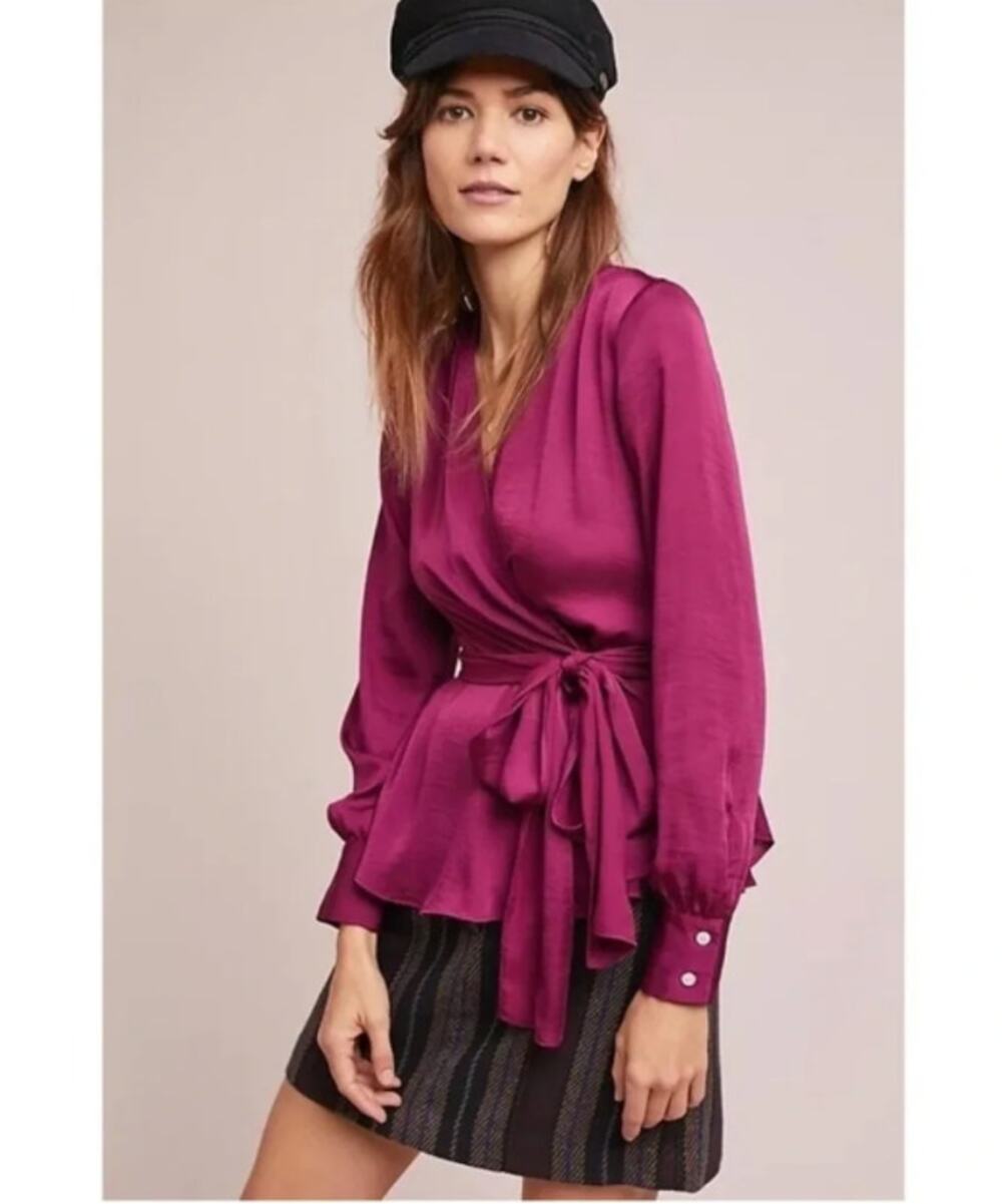 ANTHROPOLOGIE x MOULINETTE SOEURS Brynn Satin Wrap Top Fuchsia Sz 8 {3E10}